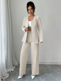 Shein Elenzga Women's Fashion Casual Solid Color V-Neck Long Sleeve Top & Pants Suit