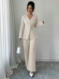 Shein Elenzga Women's Fashion Casual Solid Color V-Neck Long Sleeve Top & Pants Suit