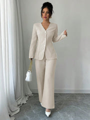 Shein Elenzga Women's Fashion Casual Solid Color V-Neck Long Sleeve Top & Pants Suit