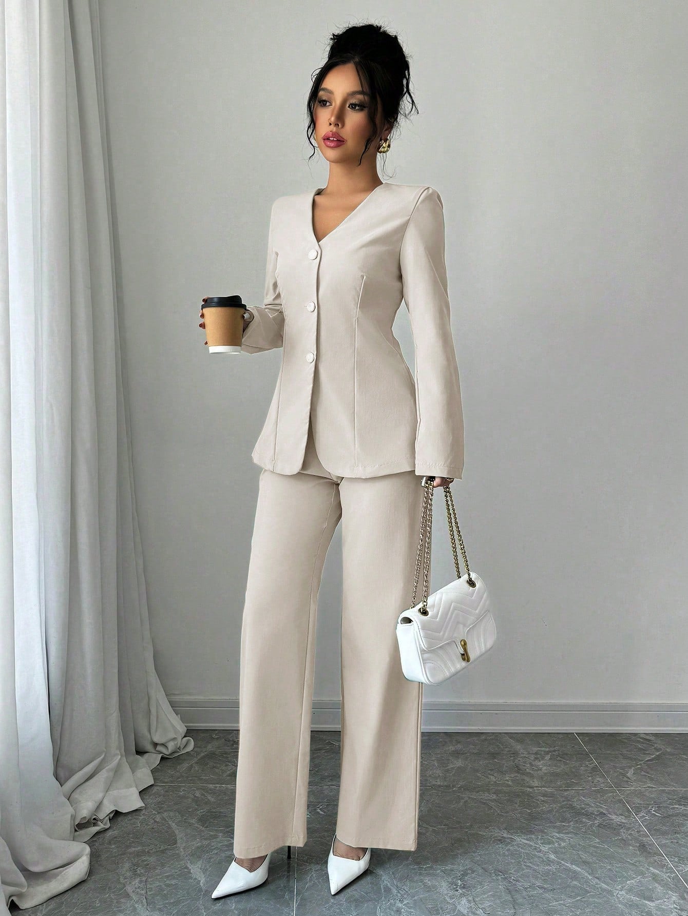 Shein Elenzga Women's Fashion Casual Solid Color V-Neck Long Sleeve Top & Pants Suit