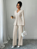 Shein Elenzga Women's Fashion Casual Solid Color V-Neck Long Sleeve Top & Pants Suit