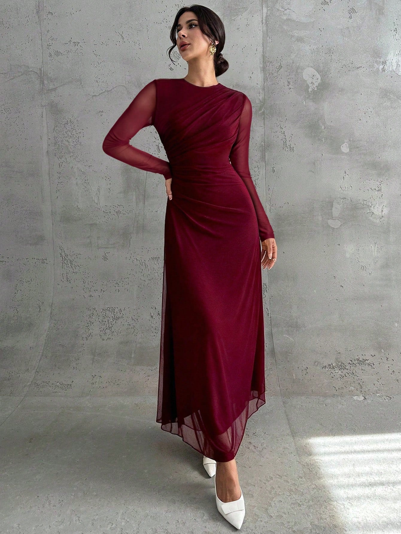 Mesh Solid Color Round Neck Waist Pleated A-Line Long Sleeve Maxi Dress