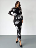 Shein Firerie Women's Black And White Floral Stretch Mesh Long Sleeve Pleated Slim Long Dress