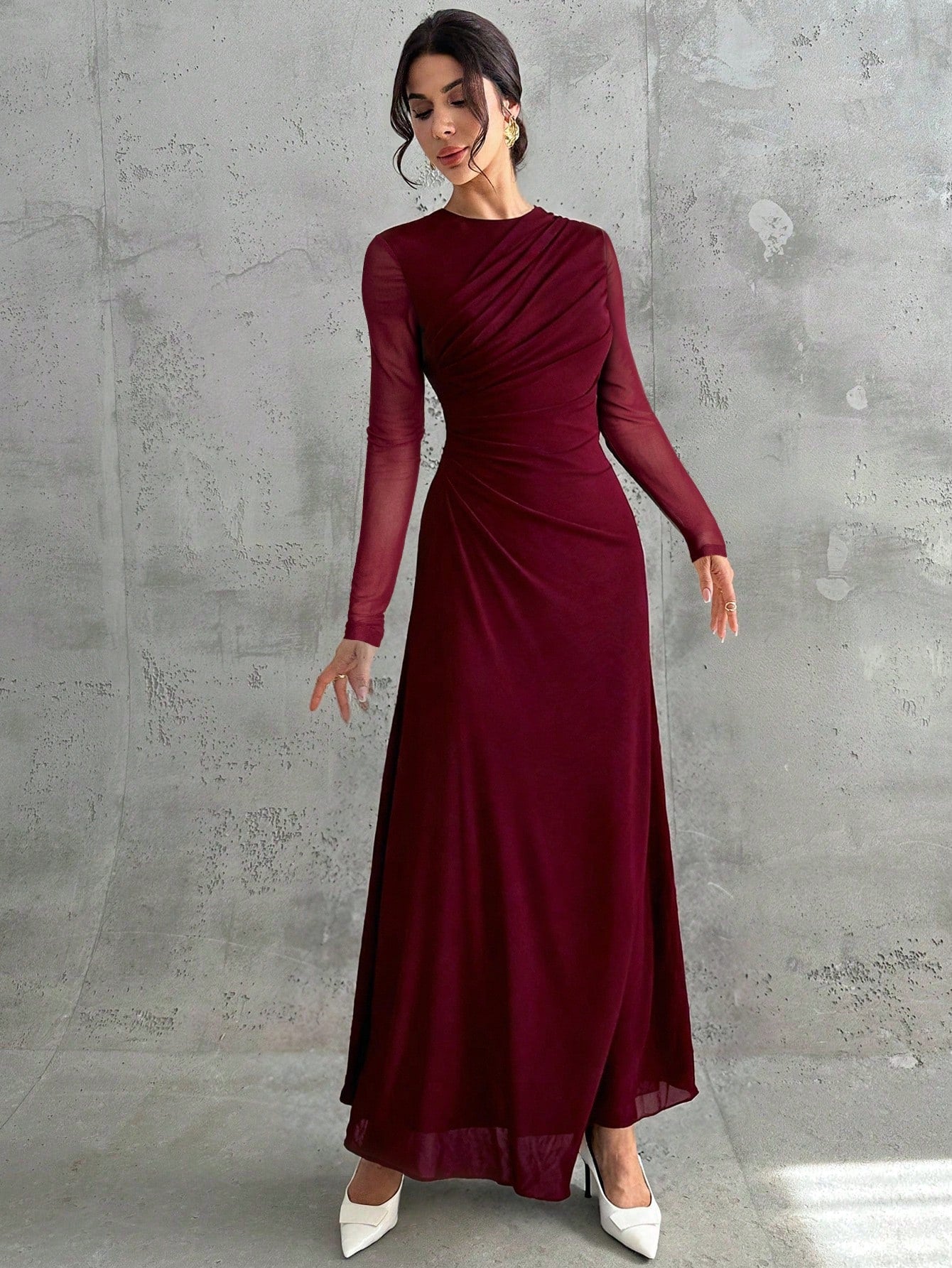 Mesh Solid Color Round Neck Waist Pleated A-Line Long Sleeve Maxi Dress