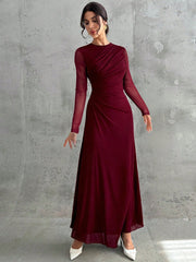 Mesh Solid Color Round Neck Waist Pleated A-Line Long Sleeve Maxi Dress