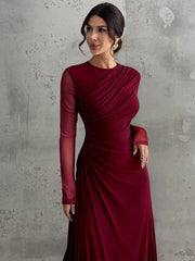 Mesh Solid Color Round Neck Waist Pleated A-Line Long Sleeve Maxi Dress