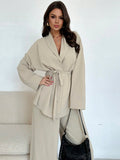 Shein Firerie Elegant & Casual Vacation/Commute Women Collar Tie Waist Loose Shacket With High Waist Soft Pants