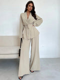 Shein Firerie Elegant & Casual Vacation/Commute Women Collar Tie Waist Loose Shacket With High Waist Soft Pants