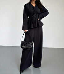 2-pc V-Neck Double-Breasted Double-Belt Long Sleeve Shirt And Pants Set