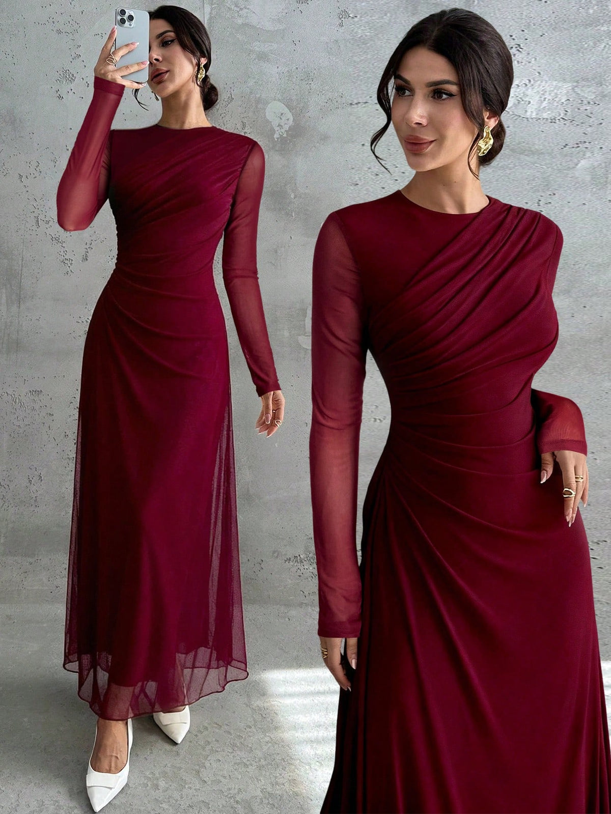 Mesh Solid Color Round Neck Waist Pleated A-Line Long Sleeve Maxi Dress