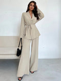 Shein Firerie Elegant & Casual Vacation/Commute Women Collar Tie Waist Loose Shacket With High Waist Soft Pants