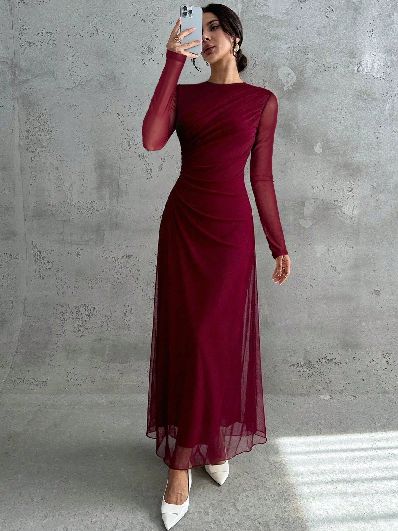 Mesh Solid Color Round Neck Waist Pleated A-Line Long Sleeve Maxi Dress