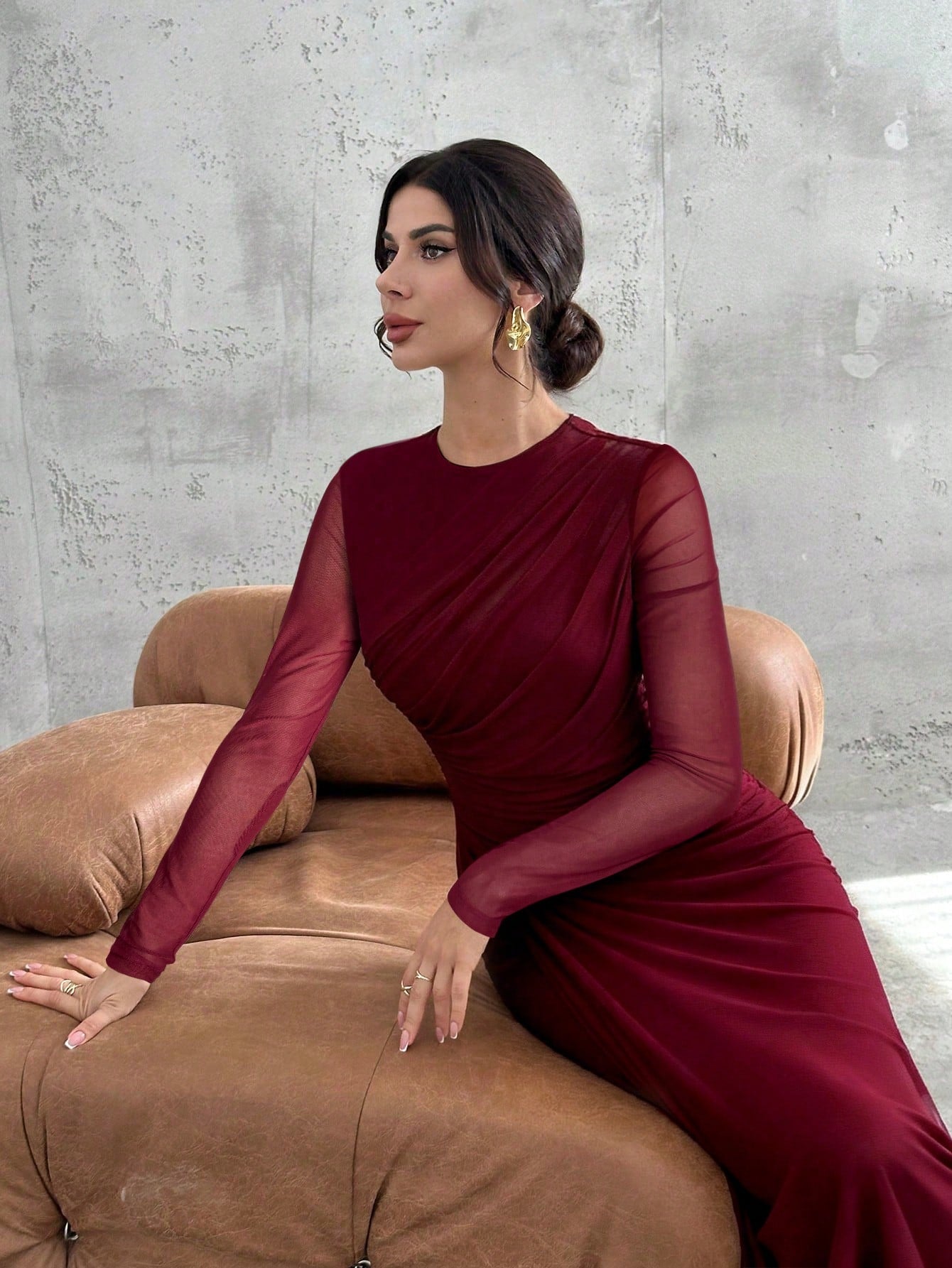 Mesh Solid Color Round Neck Waist Pleated A-Line Long Sleeve Maxi Dress