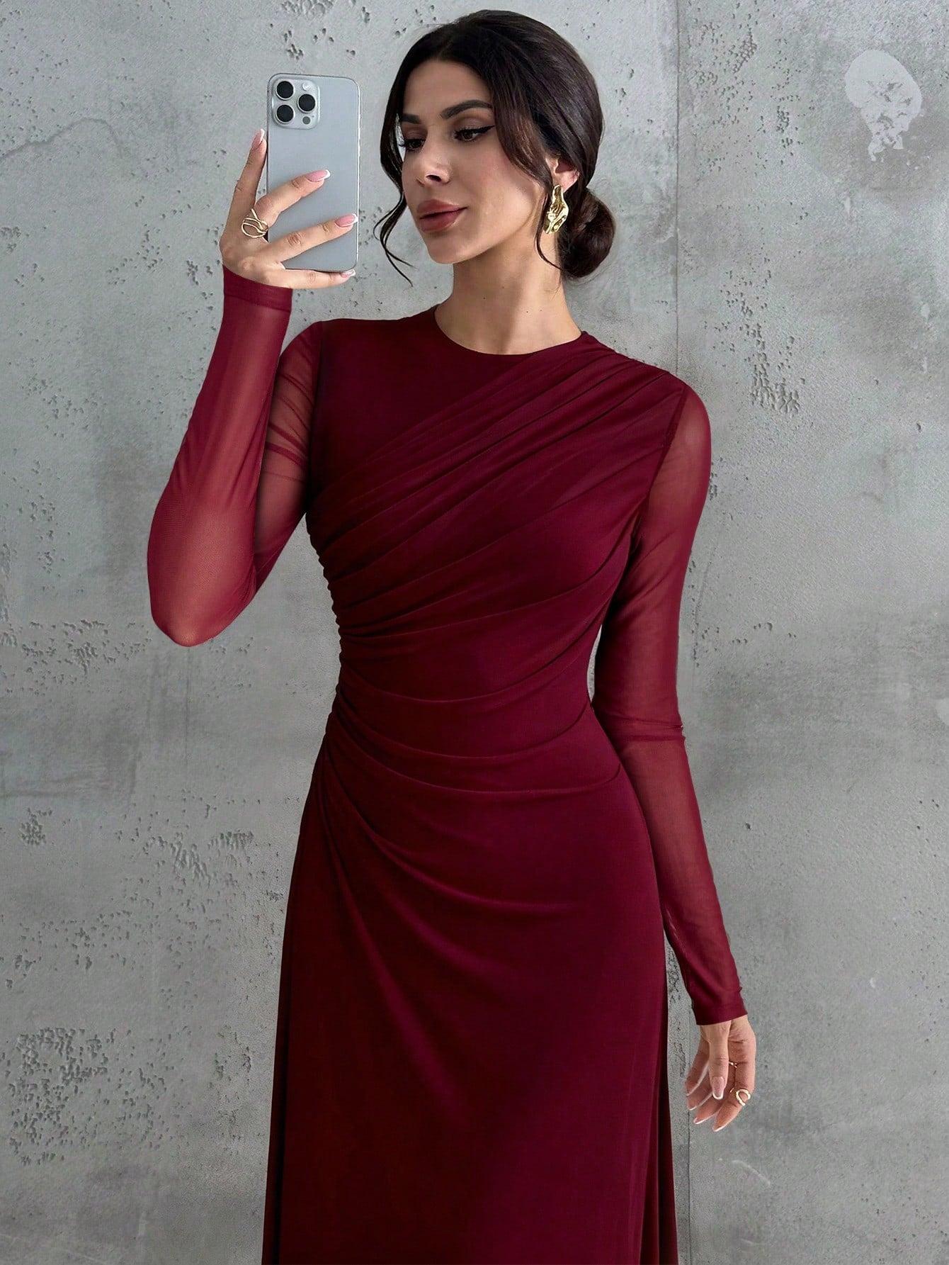 Mesh Solid Color Round Neck Waist Pleated A-Line Long Sleeve Maxi Dress