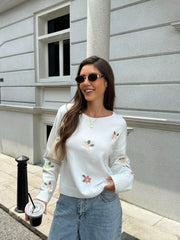 Shein FOR BEAUTY Spring And Autumn New Round Neck Floral Embroidery Long-Sleeved Knit Sweater Tops
