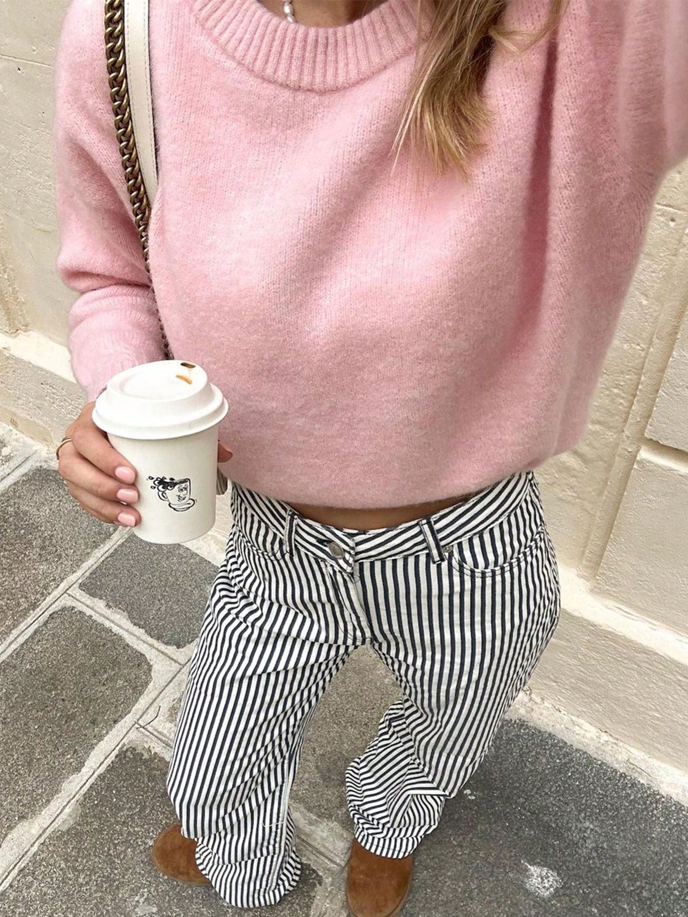 Shein FOR BEAUTY New Autumn And Winter Pink Round Neck Long Sleeved Knitted Pullover Top