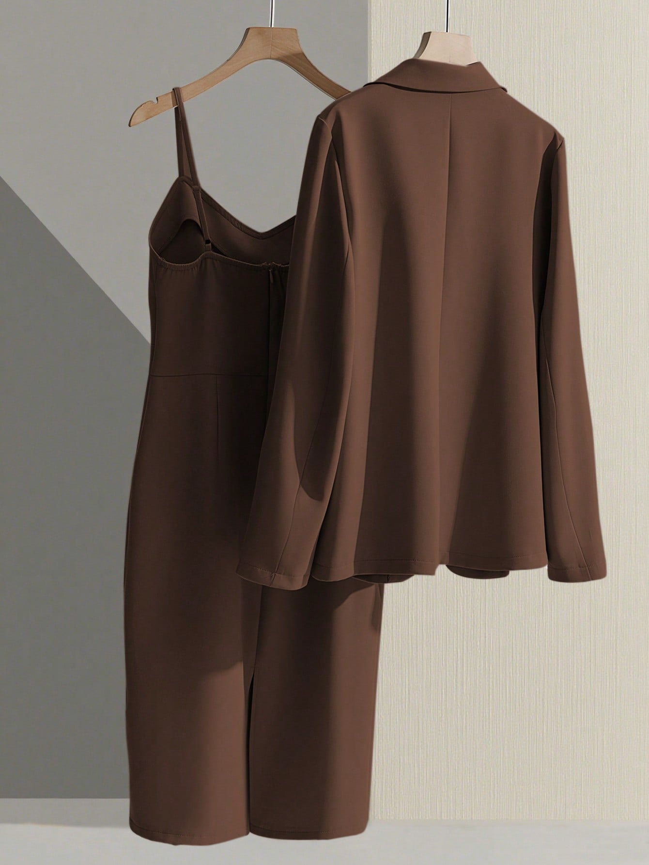 Casual Khaki Blazer Jacket Paired With Spaghetti Strap Waist Cinched Straight Dress