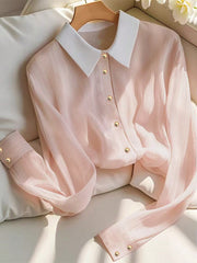 Elegant Fitted Front-Opening Collar Long Sleeves Golden Buttons Meteor-Patterned Fabric Pink Spring/Autumn Women's Shirt