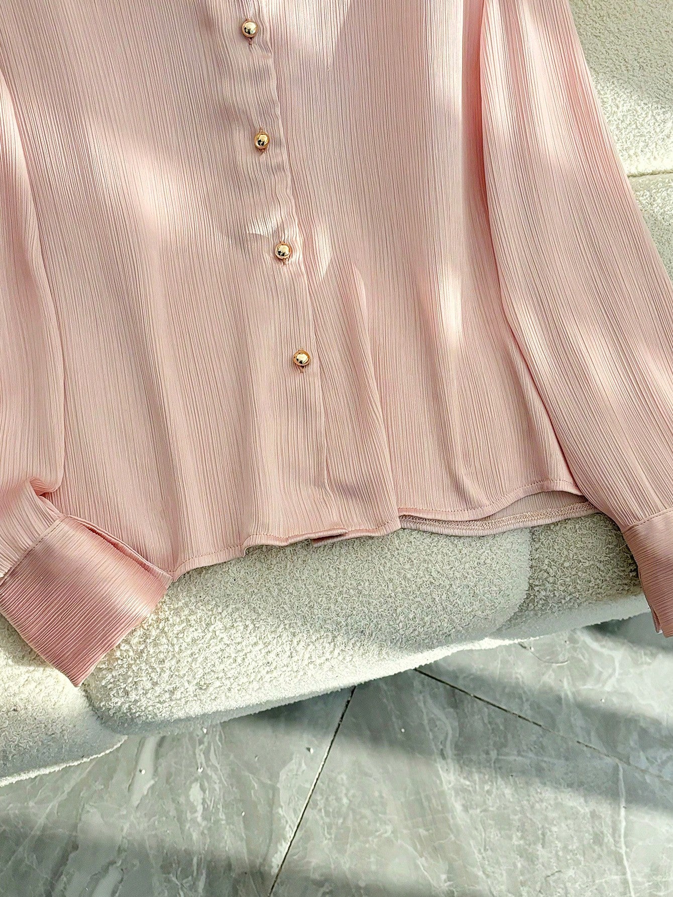 Elegant Fitted Front-Opening Collar Long Sleeves Golden Buttons Meteor-Patterned Fabric Pink Spring/Autumn Women's Shirt