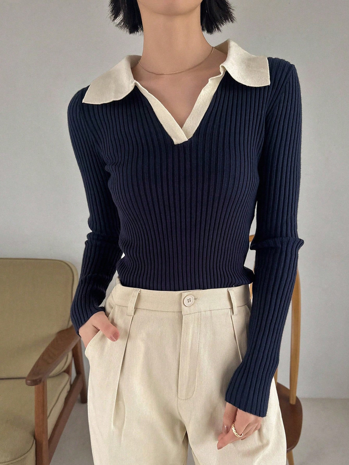 Shein FRIFUL Contrast Collar Ribbed Knit Sweater