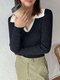 Shein FRIFUL Contrast Collar Ribbed Knit Sweater