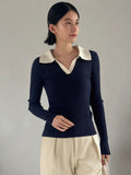 Shein FRIFUL Contrast Collar Ribbed Knit Sweater