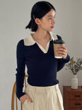 Shein FRIFUL Contrast Collar Ribbed Knit Sweater