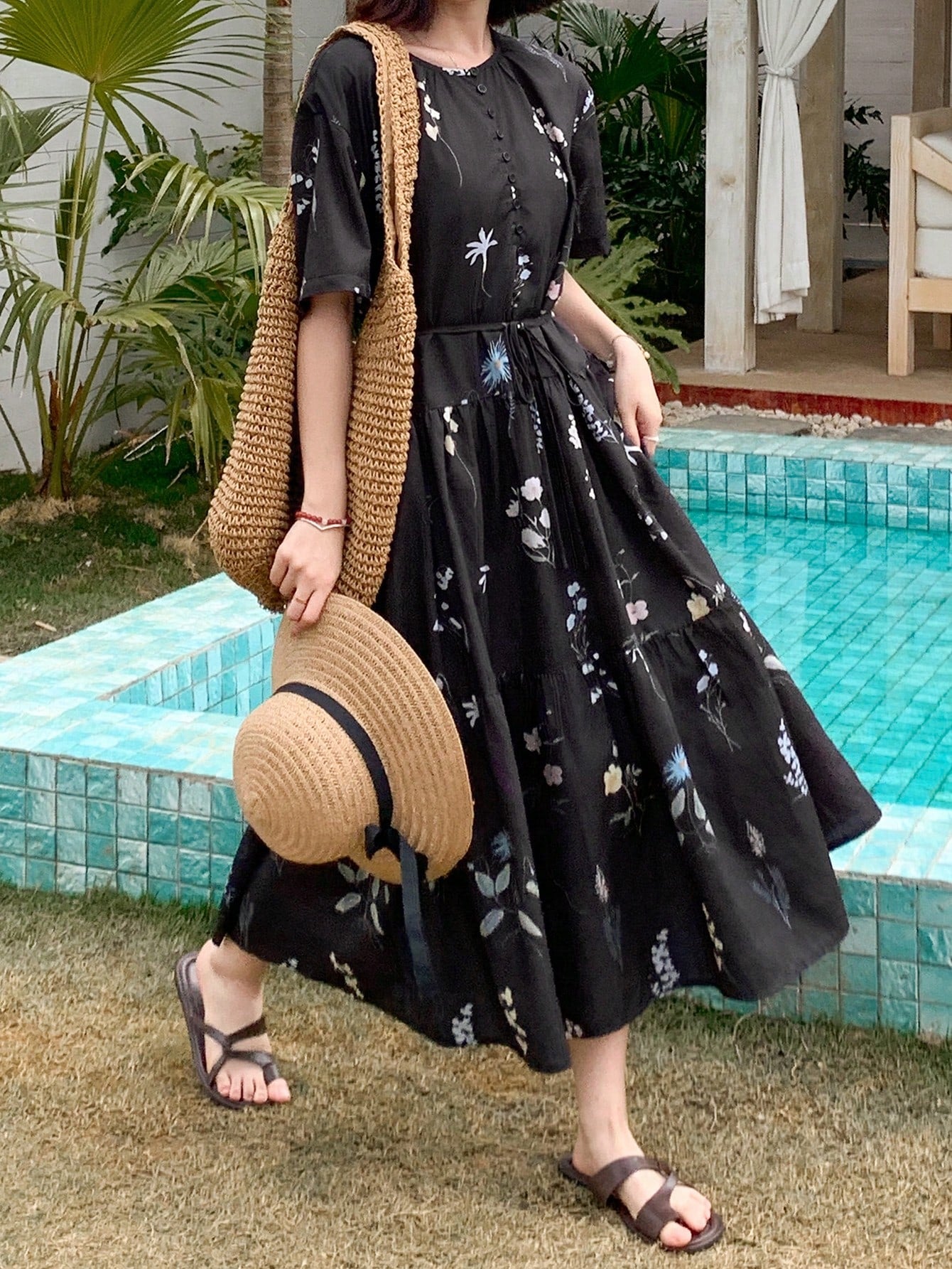 Shein FRIFUL Women's Floral Print Round Neck Short Sleeve Casual Dress