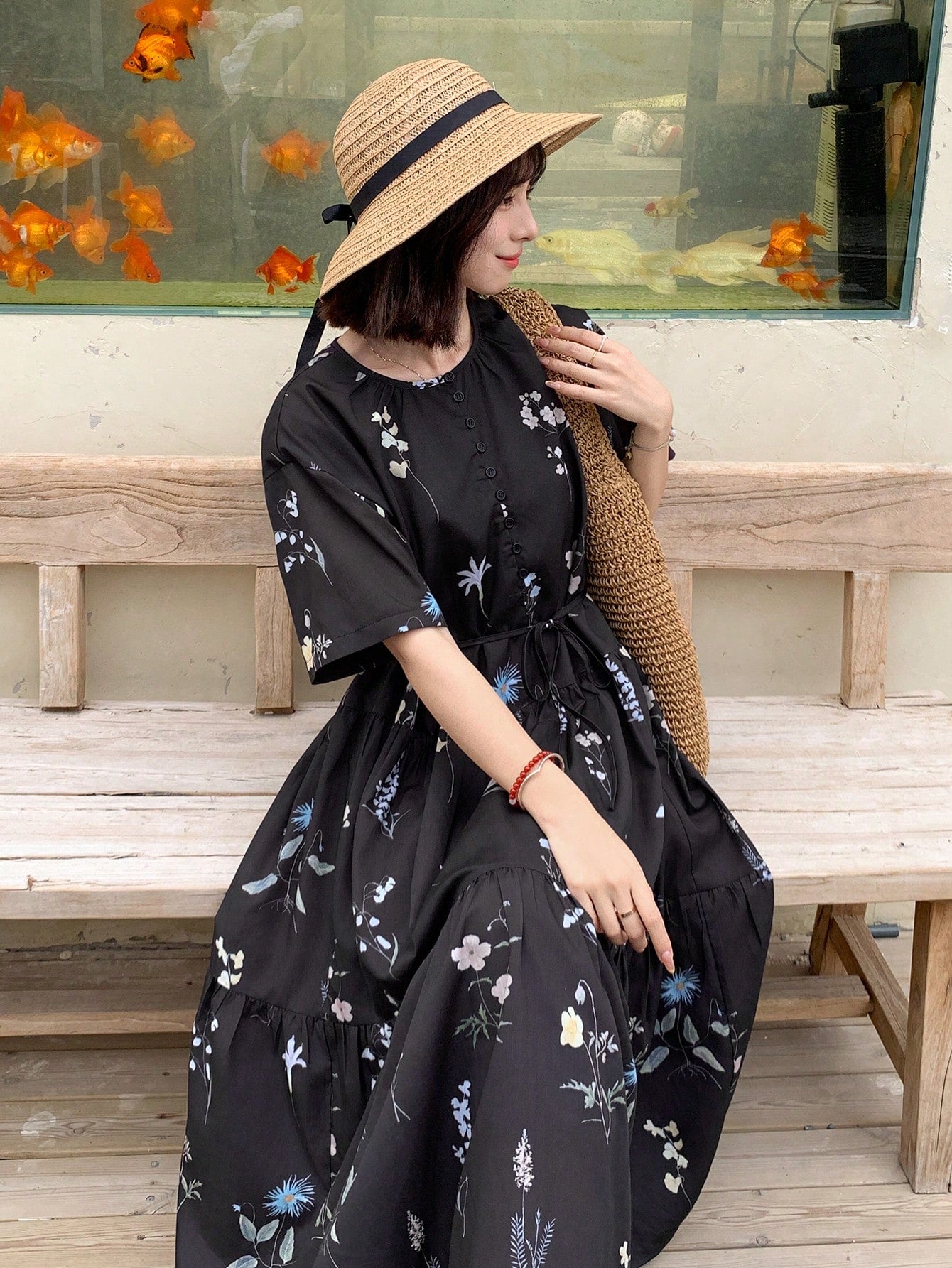Shein FRIFUL Women's Floral Print Round Neck Short Sleeve Casual Dress