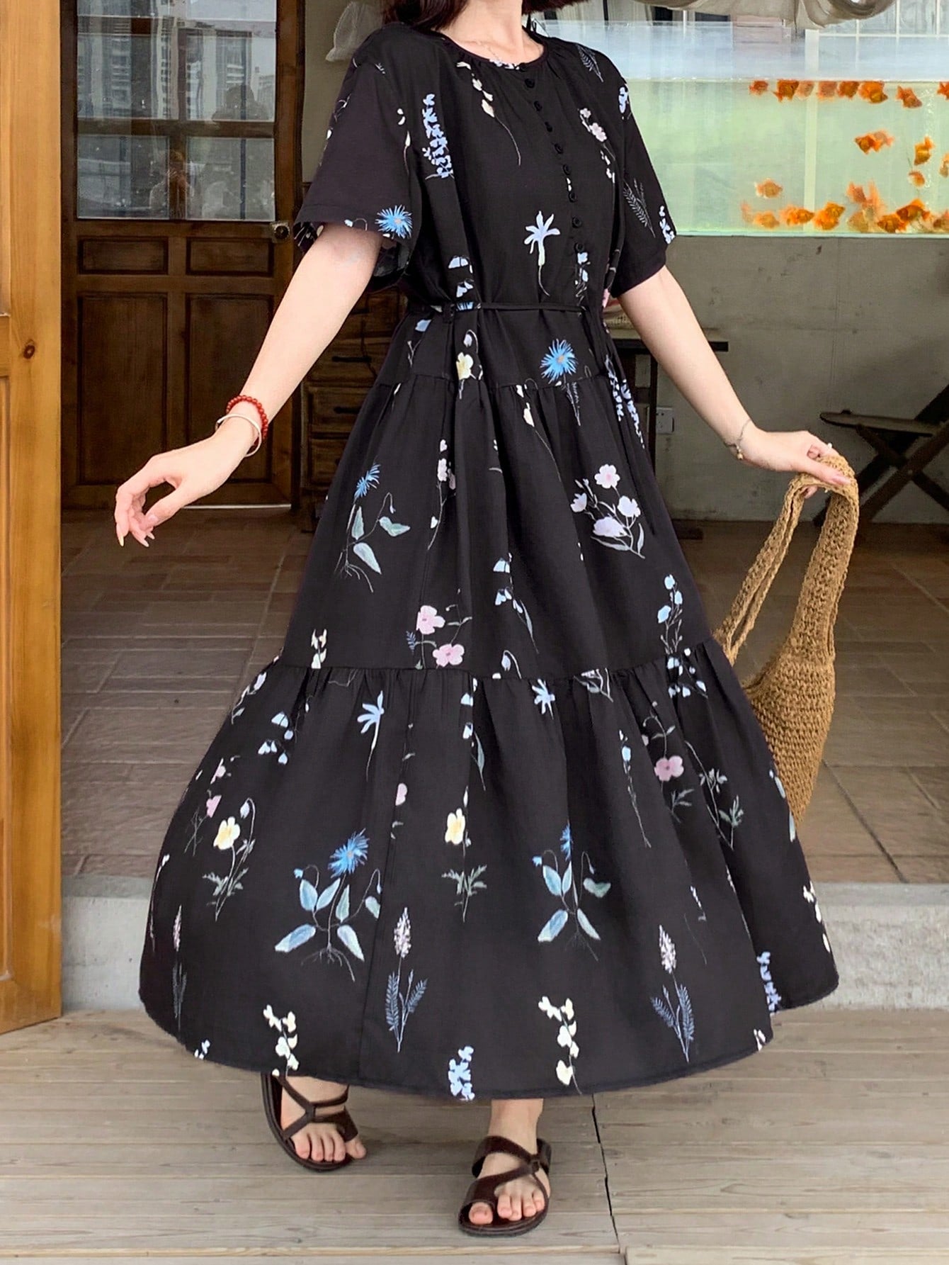 Shein FRIFUL Women's Floral Print Round Neck Short Sleeve Casual Dress