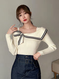 Shein FRIFUL Women's Long Sleeve Knitted Sweater With Bow Decoration