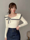 Shein FRIFUL Women's Long Sleeve Knitted Sweater With Bow Decoration