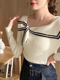 Shein FRIFUL Women's Long Sleeve Knitted Sweater With Bow Decoration