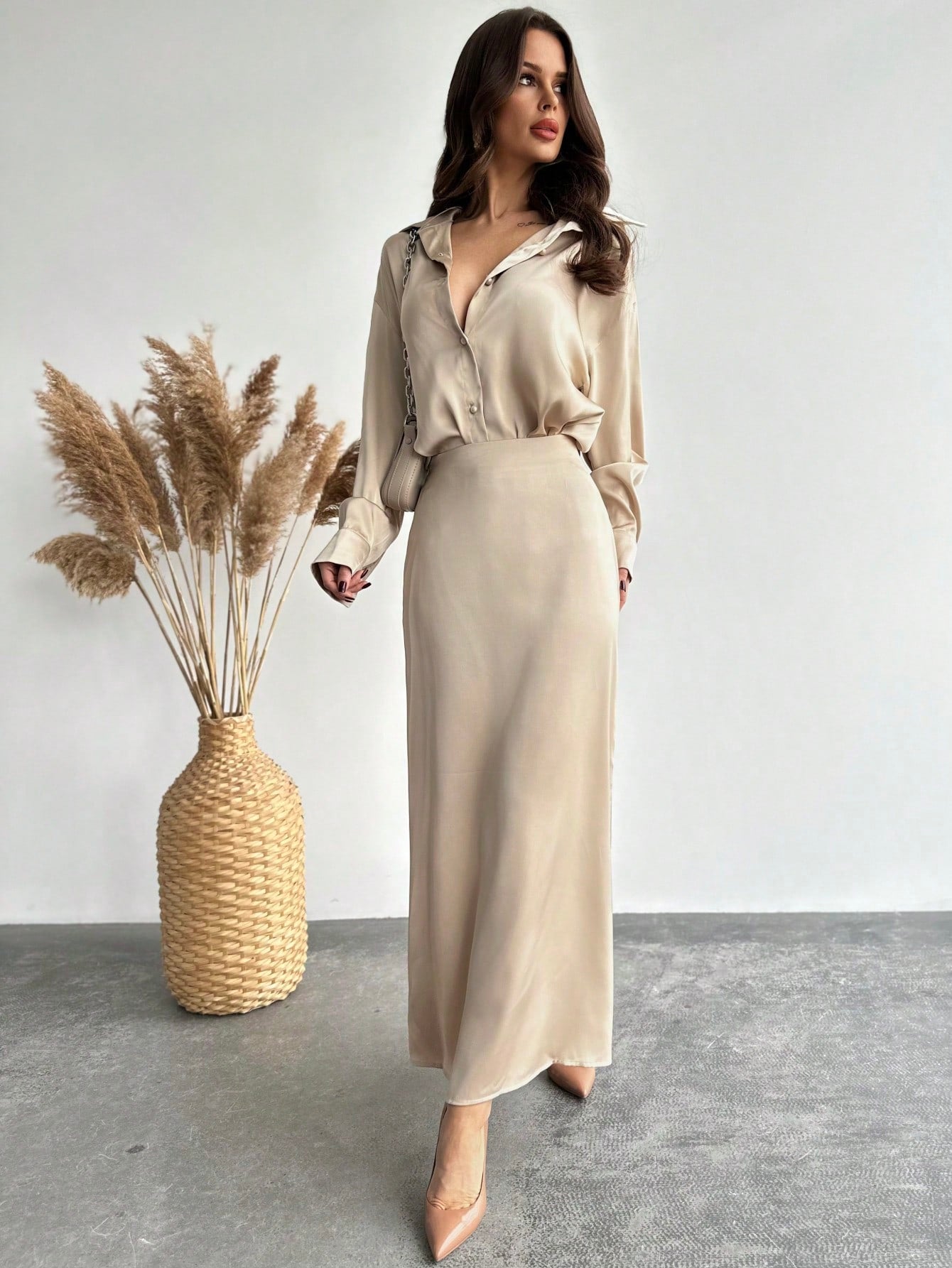 Shein 2 pc Firerie New Elegant Luxurious Retro Style Satin Blouse And Fish Tail Skirt Suit For Work