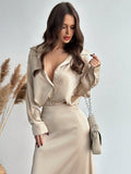 Shein 2 pc Firerie New Elegant Luxurious Retro Style Satin Blouse And Fish Tail Skirt Suit For Work