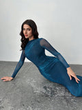 Shein Firerie Women's Blue-Green Gradient Mesh Long-Sleeved Dress