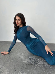 Shein Firerie Women's Blue-Green Gradient Mesh Long-Sleeved Dress