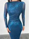 Shein Firerie Women's Blue-Green Gradient Mesh Long-Sleeved Dress