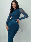 Shein Firerie Women's Blue-Green Gradient Mesh Long-Sleeved Dress