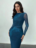 Shein Firerie Women's Blue-Green Gradient Mesh Long-Sleeved Dress