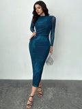Shein Firerie Women's Blue-Green Gradient Mesh Long-Sleeved Dress