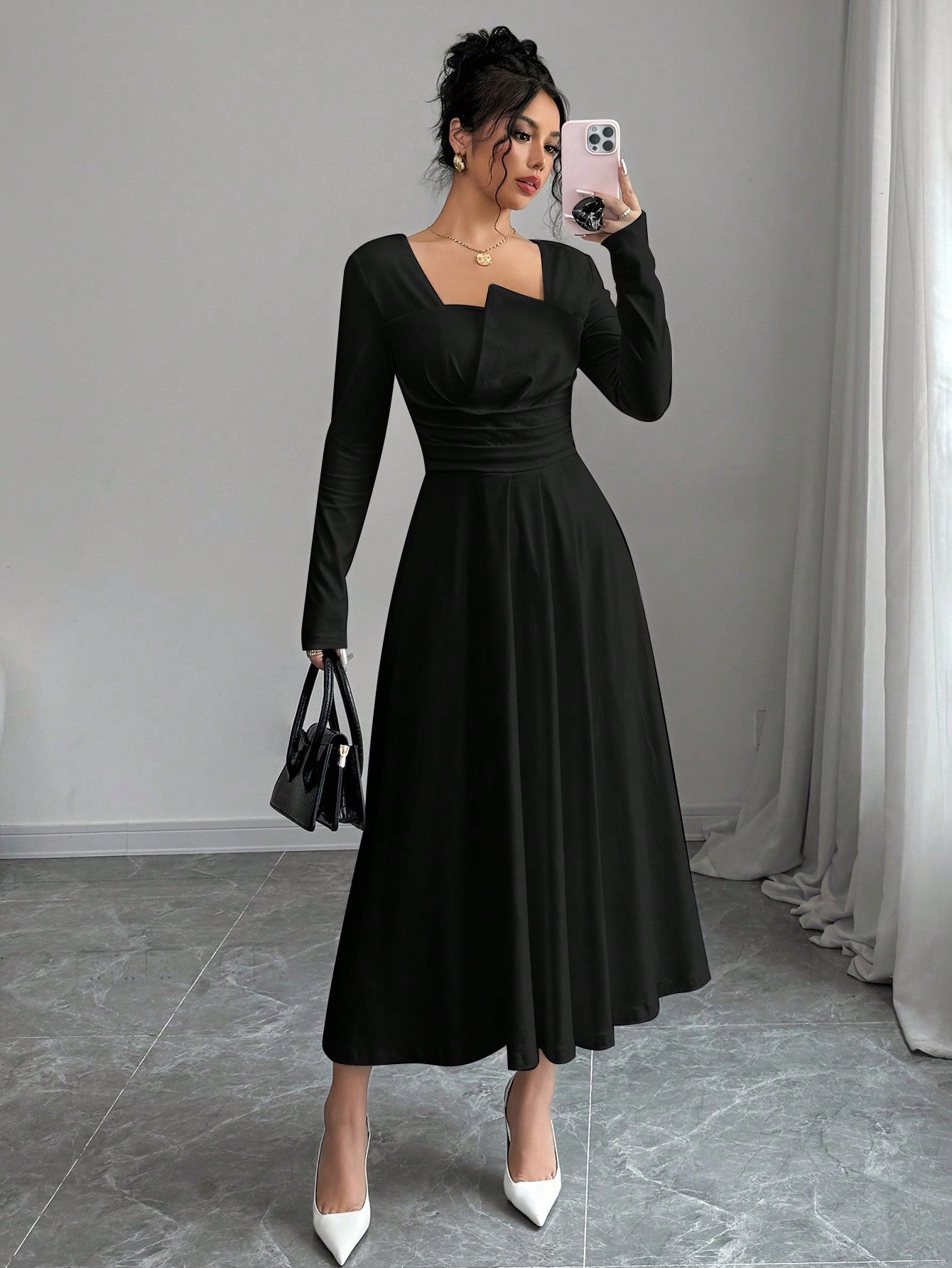 Shein Firerie Women's Solid Color Long Sleeve Ruched Waist Elegant Black Midi Dress