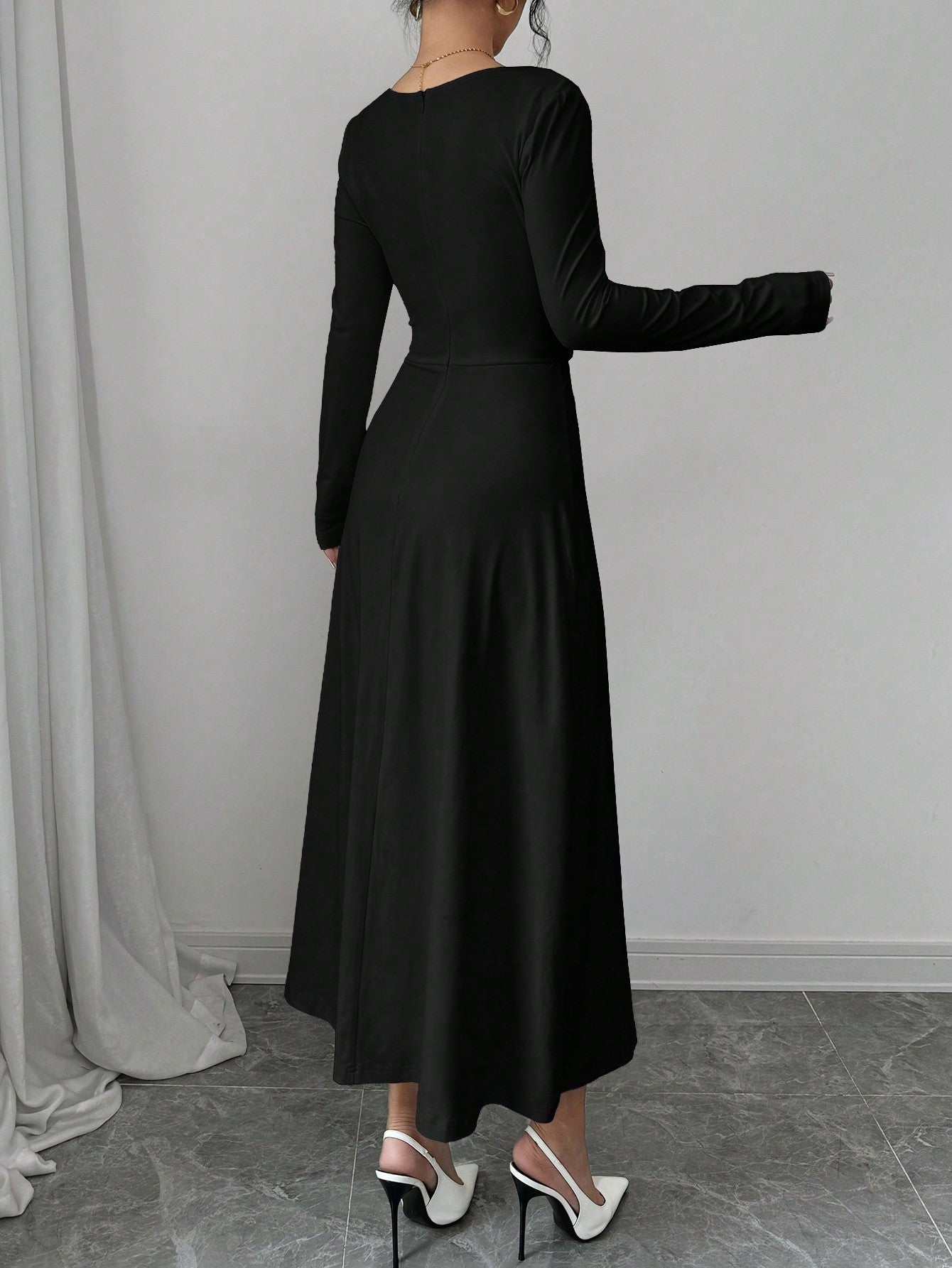Shein Firerie Women's Solid Color Long Sleeve Ruched Waist Elegant Black Midi Dress
