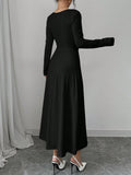 Shein Firerie Women's Solid Color Long Sleeve Ruched Waist Elegant Black Midi Dress