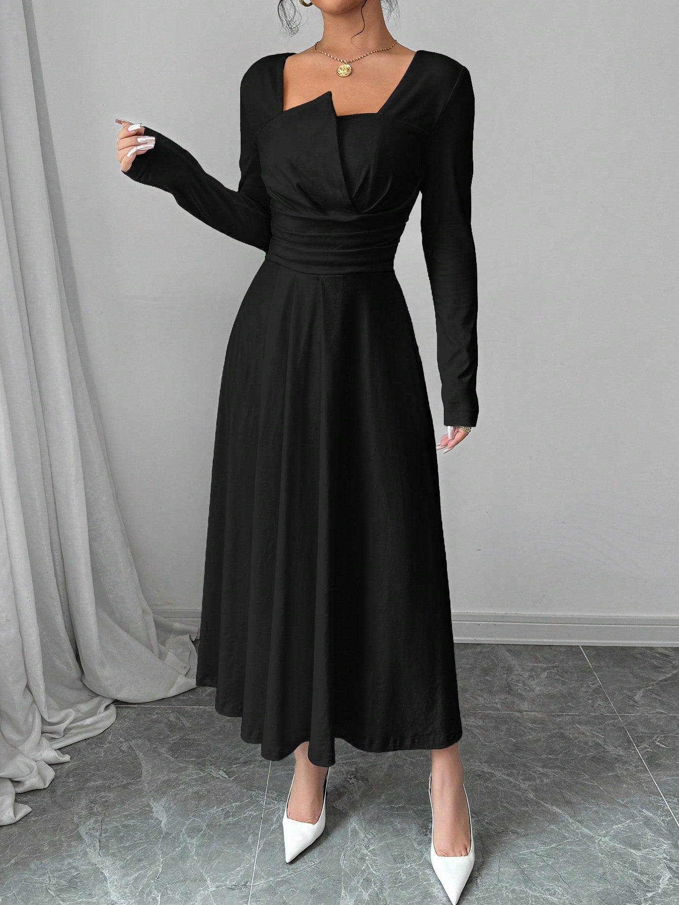 Shein Firerie Women's Solid Color Long Sleeve Ruched Waist Elegant Black Midi Dress