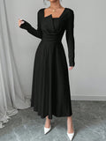 Shein Firerie Women's Solid Color Long Sleeve Ruched Waist Elegant Black Midi Dress