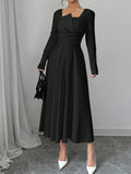 Shein Firerie Women's Solid Color Long Sleeve Ruched Waist Elegant Black Midi Dress