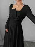 Shein Firerie Women's Solid Color Long Sleeve Ruched Waist Elegant Black Midi Dress
