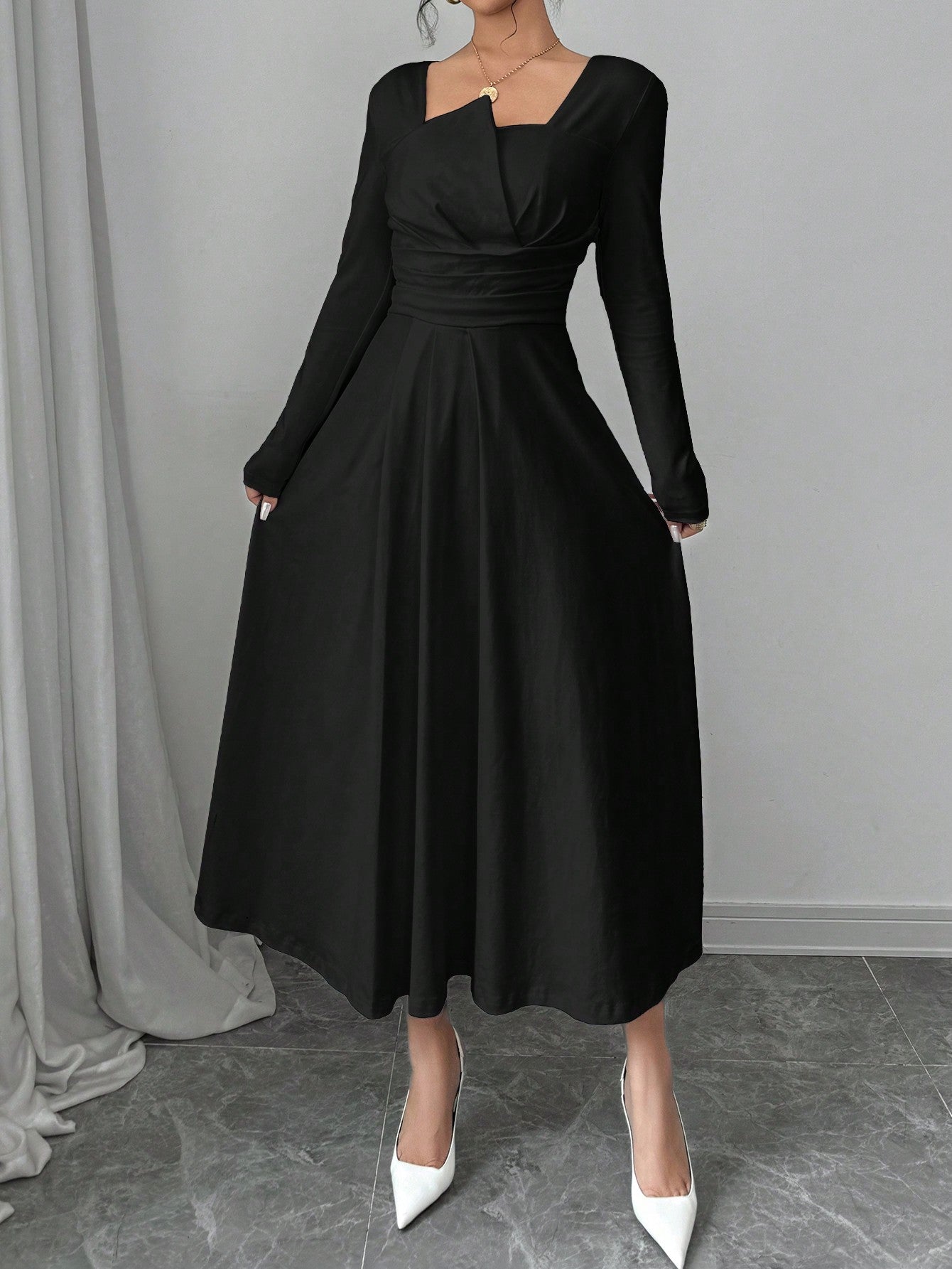 Shein Firerie Women's Solid Color Long Sleeve Ruched Waist Elegant Black Midi Dress