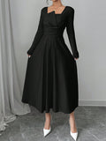 Shein Firerie Women's Solid Color Long Sleeve Ruched Waist Elegant Black Midi Dress